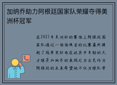 加纳乔助力阿根廷国家队荣耀夺得美洲杯冠军