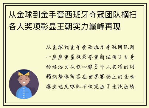 从金球到金手套西班牙夺冠团队横扫各大奖项彰显王朝实力巅峰再现